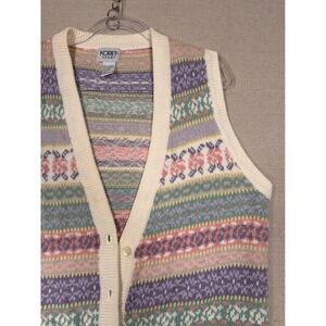 Vintage Koret Sport Pastel Fair Isle Knit Sweater Vest Women Large Button Front